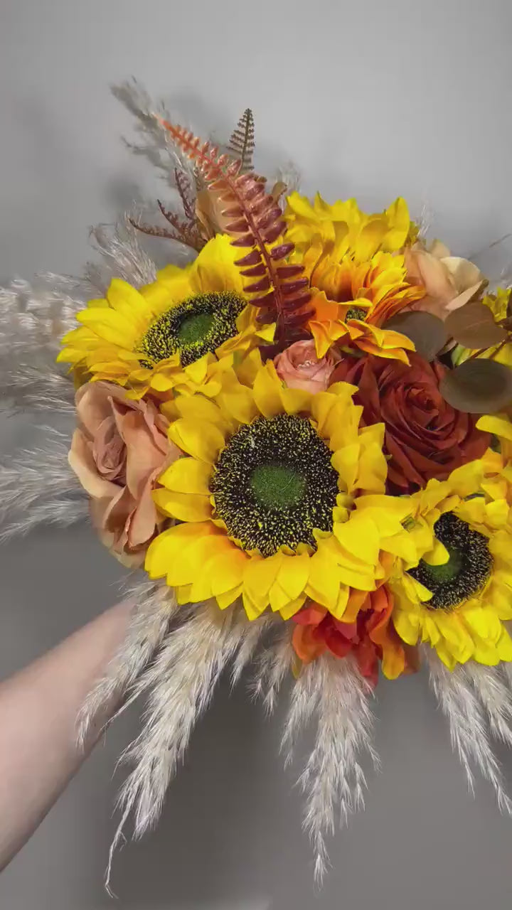 Wedding Bouquet Sunflower Boho Burnt Orange Bridal Terracotta Fall Decor Rust Sunflower Artificial Flowers Dried Pampas Grass Baby Breath