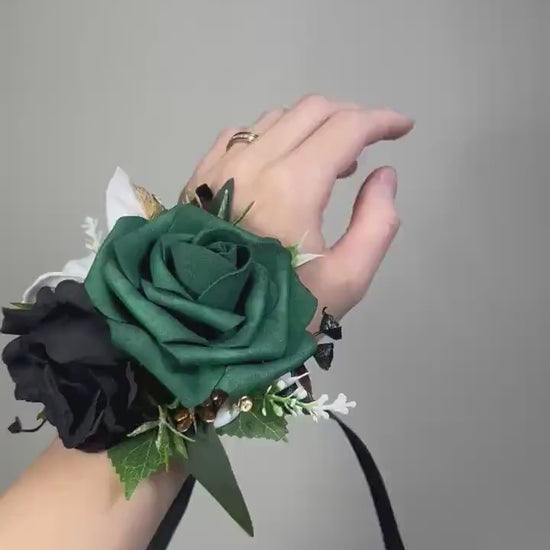 Emerald Green Black White Flower Crown, Wedding Dark Green Gold Hair Accessories, Bridal Hair Wreath Floral, Emerald Green Ivory Hair Crown