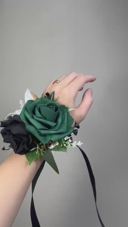 Emerald Green Black White Flower Crown, Wedding Dark Green Gold Hair Accessories, Bridal Hair Wreath Floral, Emerald Green Ivory Hair Crown
