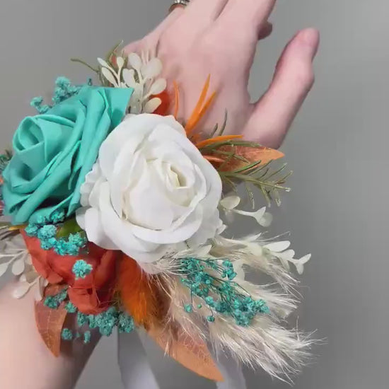 Turquoise Terracotta Corsage Wedding White Burnt Orange Teal Blue Aqua Wrist Corsage Bridesmaids Boho Rust Pampas Grass Artificial Flowers