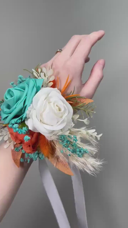 Turquoise Terracotta Corsage Wedding White Burnt Orange Teal Blue Aqua Wrist Corsage Bridesmaids Boho Rust Pampas Grass Artificial Flowers