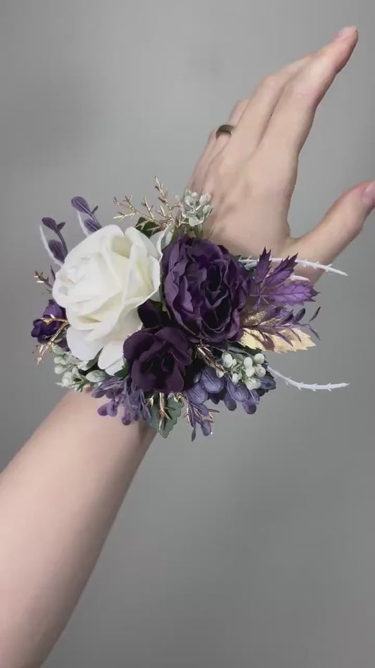 Plum Corsage Wedding White Plum Wrist Corsages Ivory Bridesmaids Dark Purple Corsage White Plum Artificial Flowers Silk Corsage Prom Plum