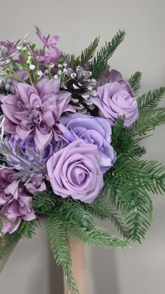 Purple Bouquet Wedding Bridal Christmas Bouquet Pine Bridesmaids Purple Bouquet Winter Pine Cone Lilac Bouquet Artificial Flower