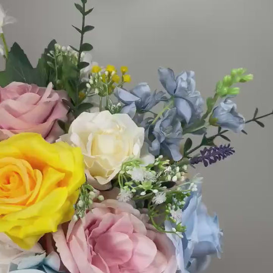 Yellow Pink Blue Bouquet Wedding Summer Bridal Bouquet Pastel Bridesmaids Bouquet Peony Bouquet Ranunculus Colorful Bouquet Artificial