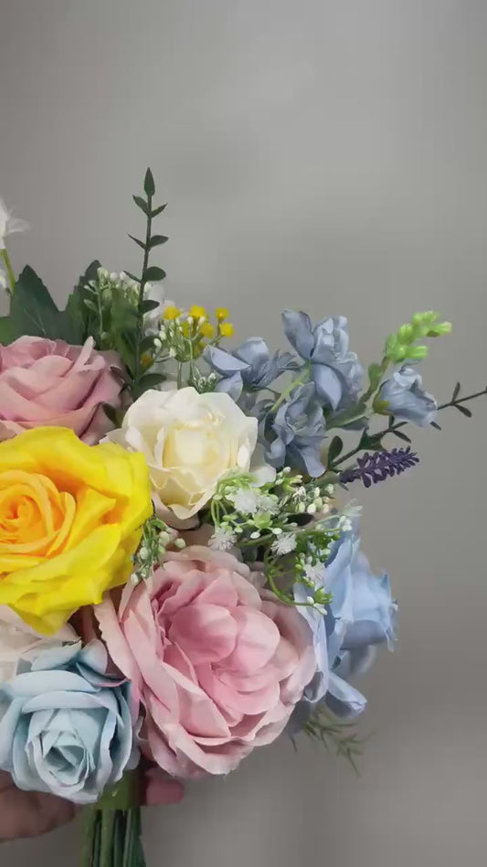 Yellow Pink Blue Bouquet Wedding Summer Bridal Bouquet Pastel Bridesmaids Bouquet Peony Bouquet Ranunculus Colorful Bouquet Artificial