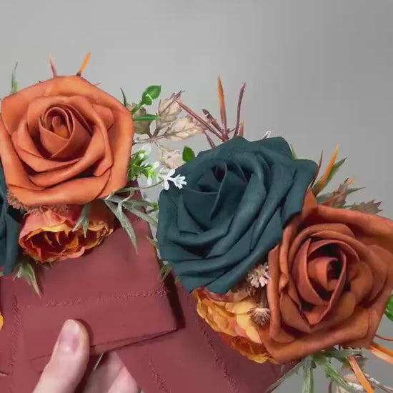 Dark Teal Pocket Boutonniere Wedding Rust Groom Boutonnière Square Teal Burnt Orange Groomsmen Terracotta Boutonniere Rust Dark Teal