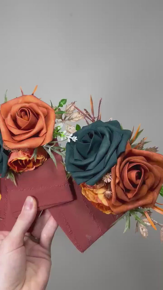 Dark Teal Pocket Boutonniere Wedding Rust Groom Boutonnière Square Teal Burnt Orange Groomsmen Terracotta Boutonniere Rust Dark Teal