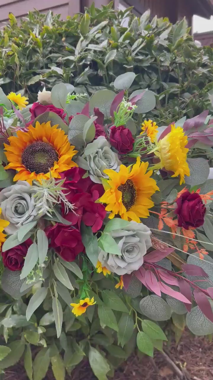 Sunflower Arch Arrangement Boho Sunflower Burgundy Arbor Arrangement Sunflower Sage Green Arch Arrangement Maroon Sunflower Decor Greenery