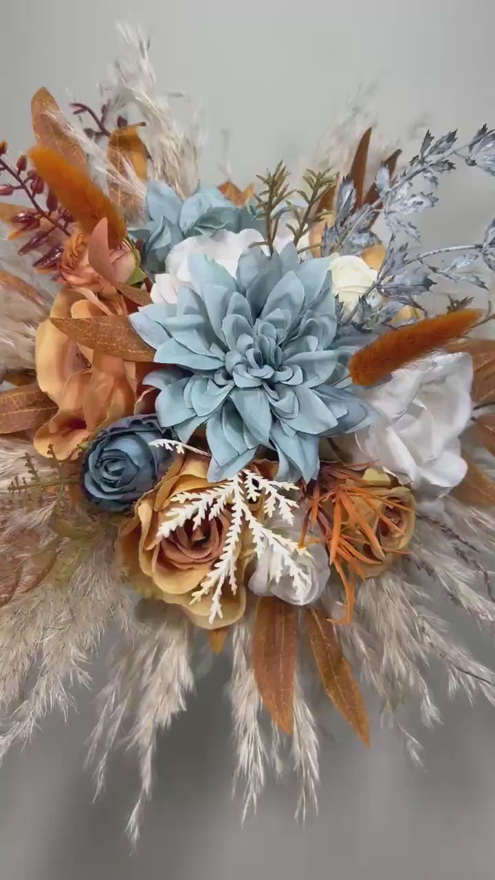 Orange Blue Dusty Bouquet Wedding Boho Terracotta Dusty Blue Bridal Bouquet Burnt Orange Blue Bridesmaids Bouquet Rust Pampas Grass