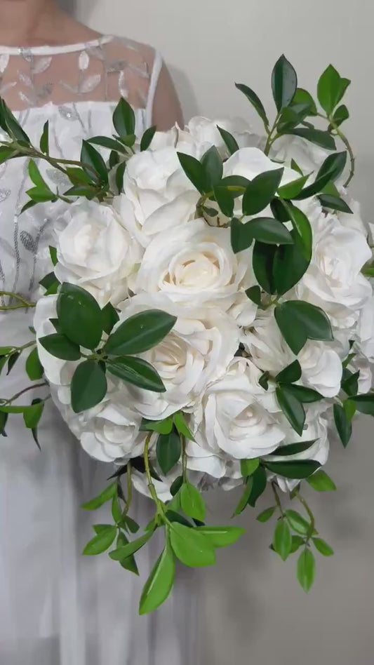 Wedding Bouquet White Bridal Wedding Ivory  Classic Rose Bridesmaids Decor Handmade Artificial Faux Greenery Flower Eucalyptus Decoration
