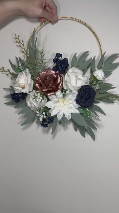 Wedding Hoop White Navy Blue Hoop Ivory Bridesmaids Ring Rose Gold Wreath Flower Girl Navy Blue Rose Gold Hoop Artificial Flower