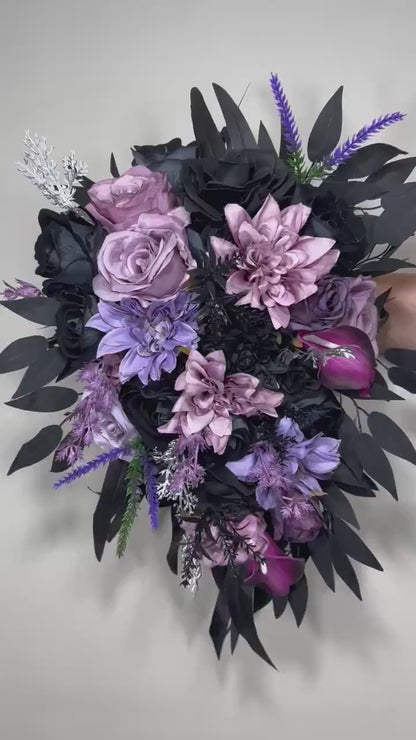 Wedding Bouquet Black Purple Bridal Cascade Bouquet Black Dark Purple Bridesmaids Bouquet Black Purple Calla Lily Artificial Flower