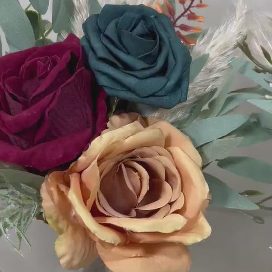 Mini Bouquets for Vases Teal Orange Boho Centerpiece 3 Flowers Dark Teal Burgundy Mini Centerpiece Decor Teal Burnt Burgundy Orange