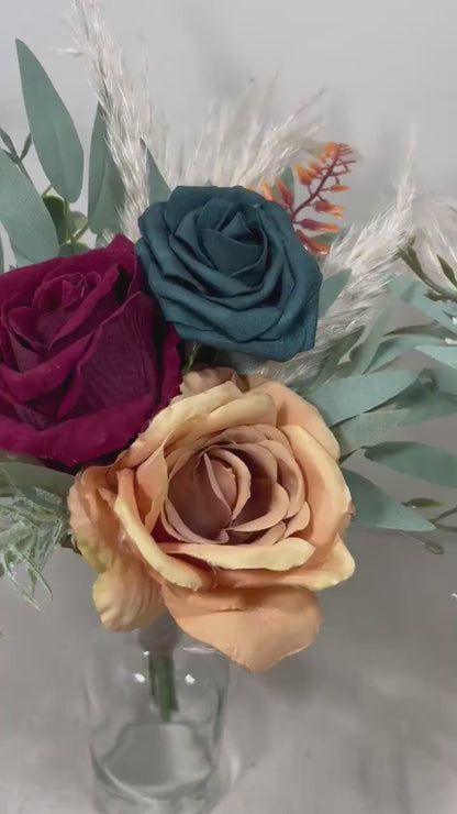 Mini Bouquets for Vases Teal Orange Boho Centerpiece 3 Flowers Dark Teal Burgundy Mini Centerpiece Decor Teal Burnt Burgundy Orange