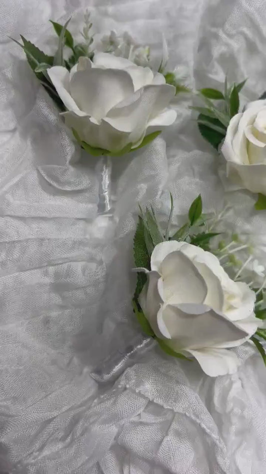 White Boutonniere Wedding Groom Groomsmen Boutonnière Ivory Wedding Artificial Flowers Eucalyptus Cream Rose Prom Boutonniere Off-White