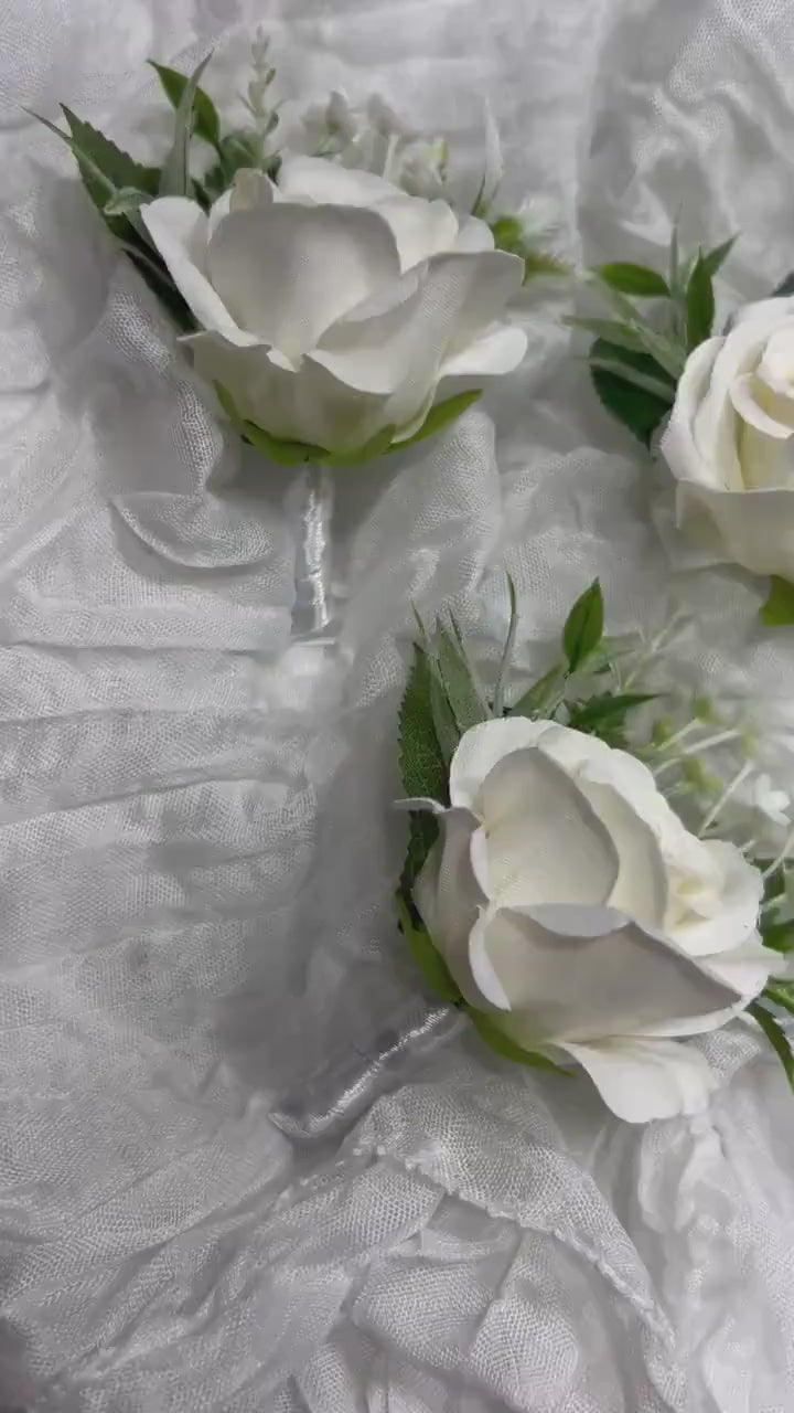 White Boutonniere Wedding Groom Groomsmen Boutonnière Ivory Wedding Artificial Flowers Eucalyptus Cream Rose Prom Boutonniere Off-White