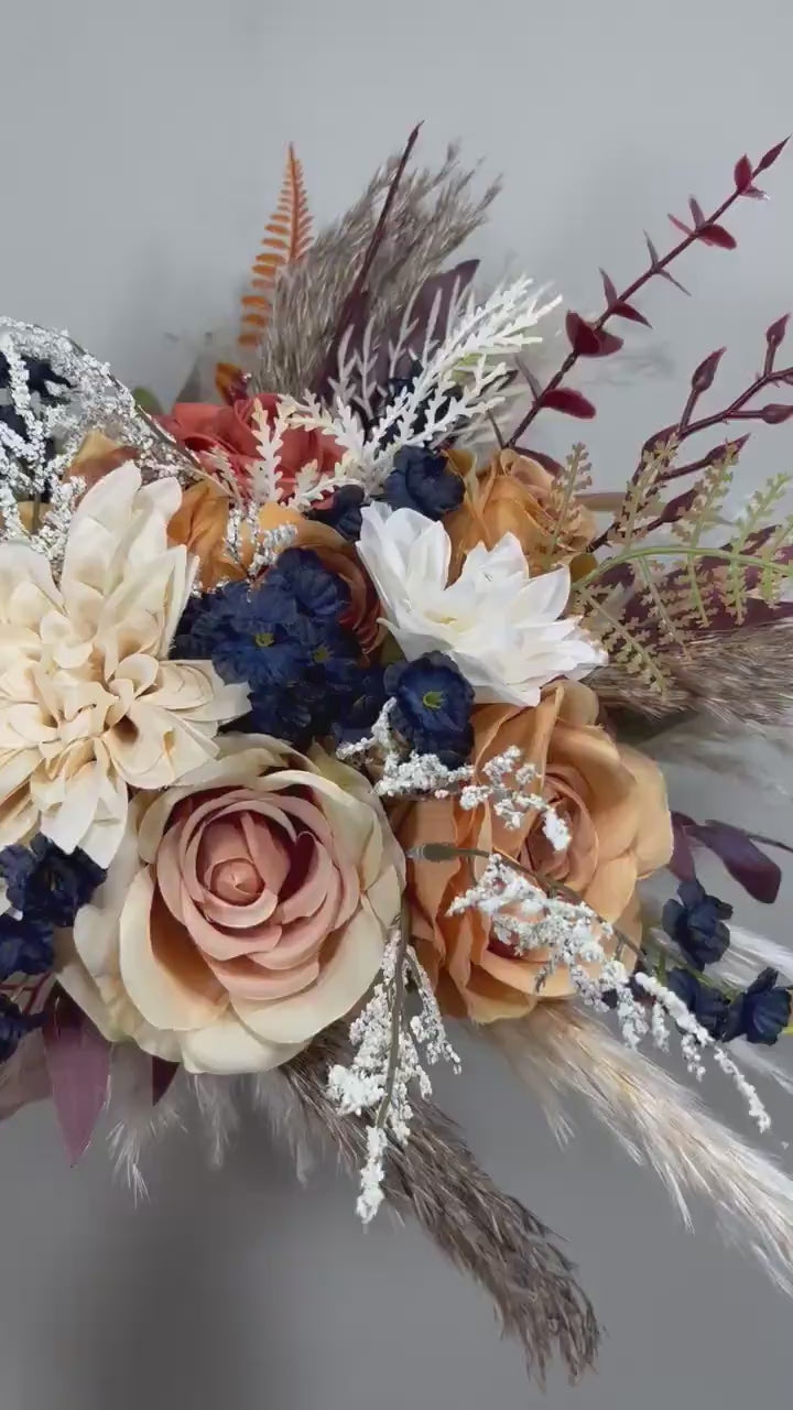 Orange Bouquet Wedding Bridal Navy Blue Bouquet Terracotta Champagne Bridesmaids Bouquet Rust Navy Blue Pampas Grass Fall Burnt Orange