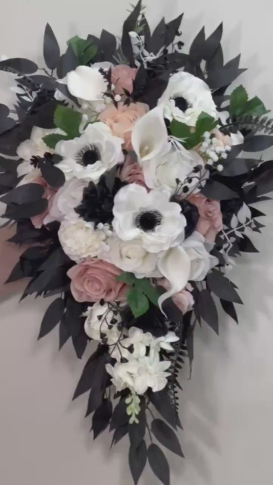 Black Bouquet Cascade White Bridal Gothic Cascading Bouquet Black Dusty Rose Bridesmaids Black Bouquet Ivory Anemone Artificial Flower