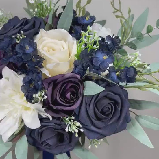 Navy Blue Bouquet Wedding Bridal Bouquet Navy Blue White Bouquet Plum Bridesmaids Blue Bouquet Purple Dark Blue Artificial Flower