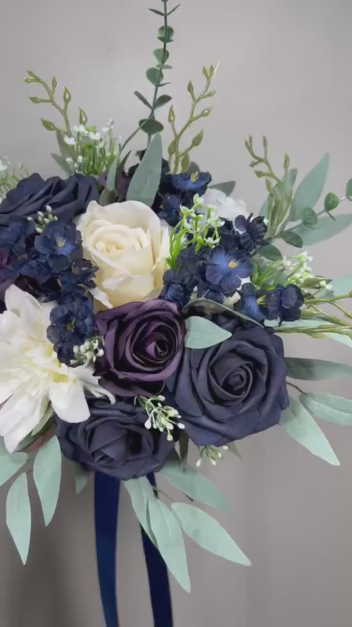 Navy Blue Bouquet Wedding Bridal Bouquet Navy Blue White Bouquet Plum Bridesmaids Blue Bouquet Purple Dark Blue Artificial Flower