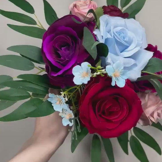 Wedding Bouquet Jewel Tone Red Bridal Wedding Dusty Rose Bridesmaids Bouquet Pink Blue Purple Dark Greenery Purple Burgundy