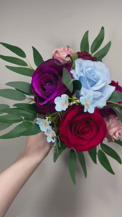 Wedding Bouquet Jewel Tone Red Bridal Wedding Dusty Rose Bridesmaids Bouquet Pink Blue Purple Dark Greenery Purple Burgundy