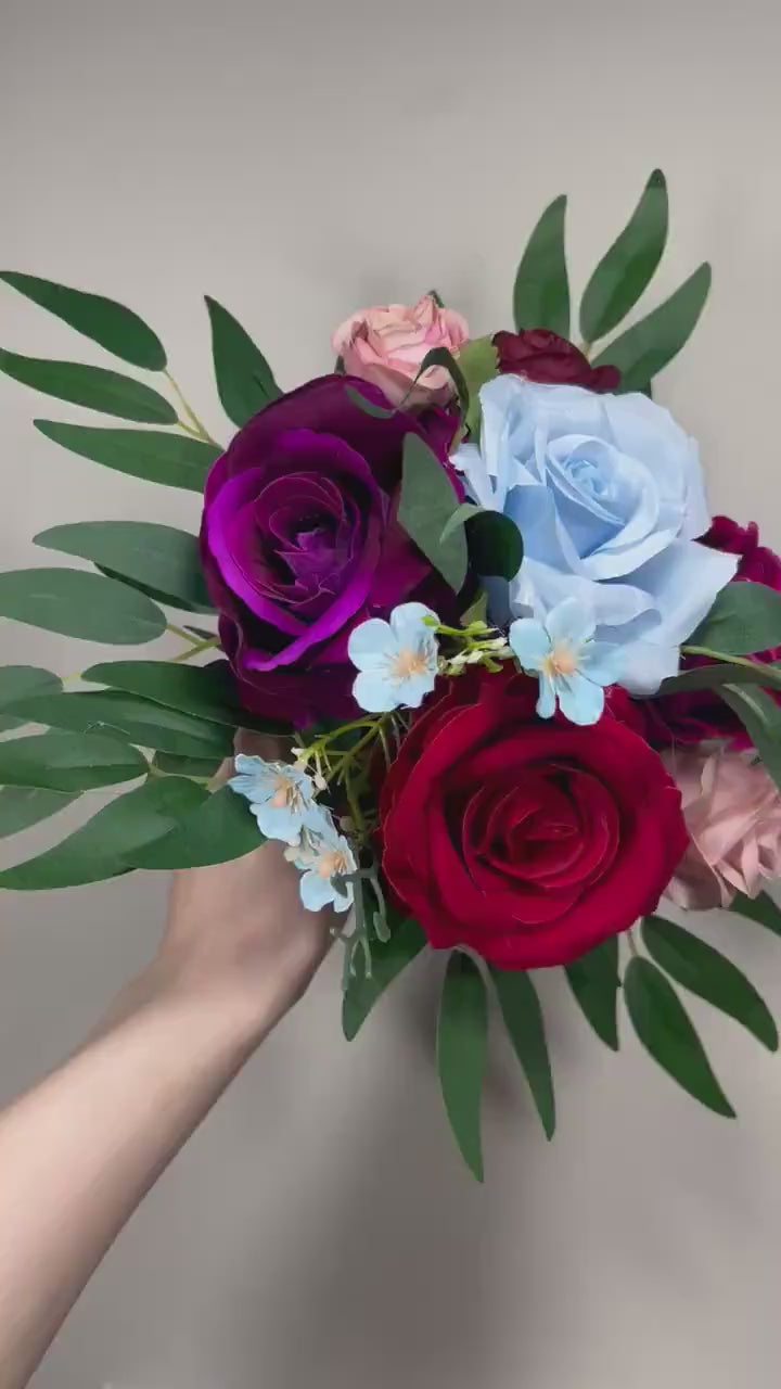 Wedding Bouquet Jewel Tone Red Bridal Wedding Dusty Rose Bridesmaids Bouquet Pink Blue Purple Dark Greenery Purple Burgundy