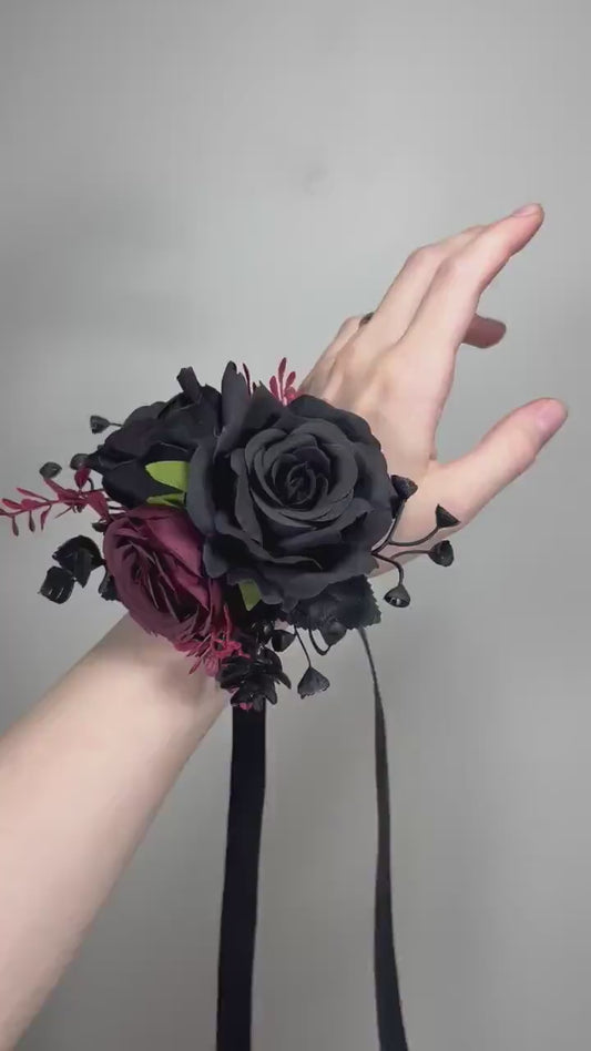 Black Corsage Burgundy Wedding Gothic Wrist Corsage Bridesmaids Corsage Mom Black Burgundy Burgundy Accessories Artificial Flower
