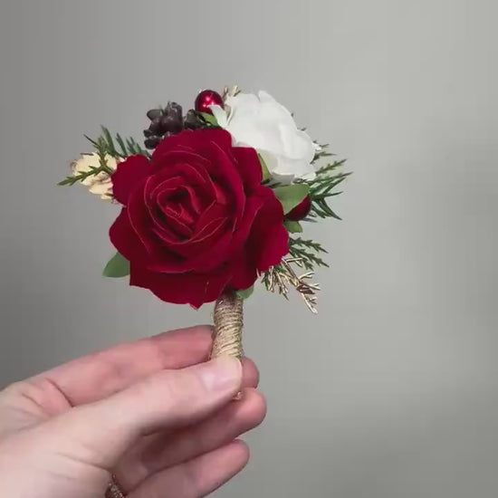 Christmas Boutonnière Wedding Red Rose White Rustic Groom Boutonniere Winter Groomsmen Gold Pine Cones Holiday Artificial Flowers Evergreen