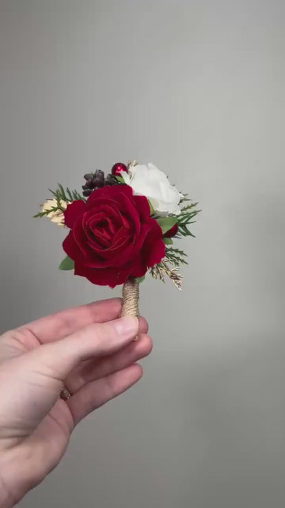 Christmas Boutonnière Wedding Red Rose White Rustic Groom Boutonniere Winter Groomsmen Gold Pine Cones Holiday Artificial Flowers Evergreen
