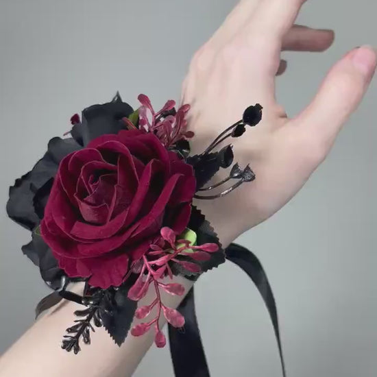 Black Burgundy Corsage Wedding Gothic Wrist Corsage Bridesmaids Black Corsage Mom Black Burgundy Accessories Artificial Flower