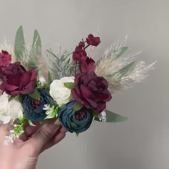 Teal Burgundy Boutonnière Wedding Groom Boho Dark Teal White Maroon Boutonniere Groomsmen Pampas Grass Teal Blue Eucalyptus Artificial