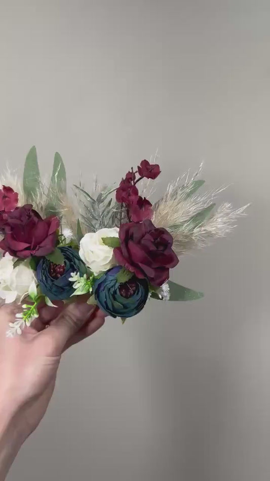 Teal Burgundy Boutonnière Wedding Groom Boho Dark Teal White Maroon Boutonniere Groomsmen Pampas Grass Teal Blue Eucalyptus Artificial