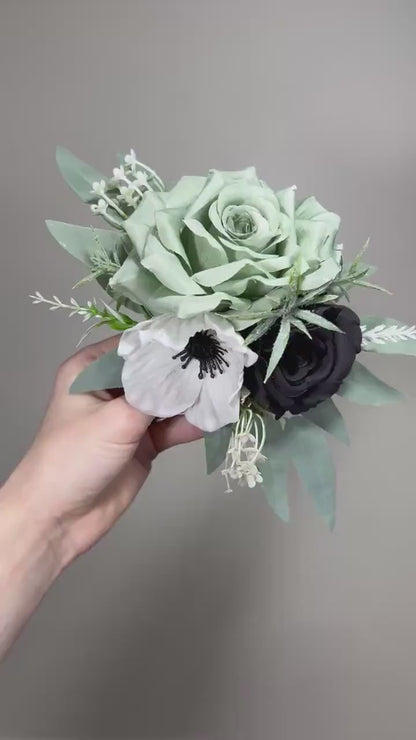 Dusty Sage Green Cake Decoration Black Wedding Topper Decor Flower Cake Arrangement Black Cake Decor White Anemone Artificial Flower Green