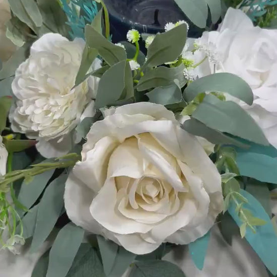 White Wreath Centerpiece 3.5" Opening Center For Candle Wedding Ivory Teal Table Round Centerpiece Circle Table Décor White Eucalyptus Sage