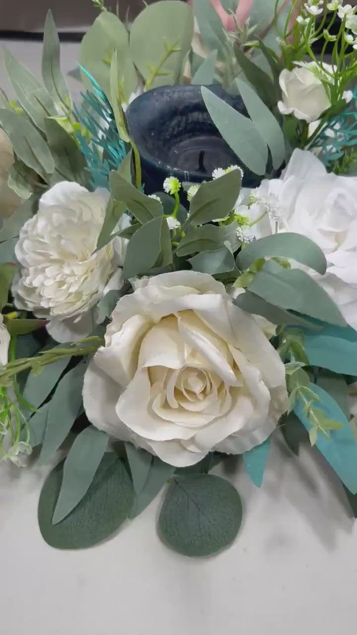 White Wreath Centerpiece 3.5" Opening Center For Candle Wedding Ivory Teal Table Round Centerpiece Circle Table Décor White Eucalyptus Sage