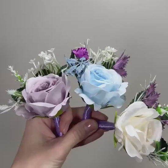 Wedding Boutonniere White Groom Wedding Groomsmen Lavender Boutonnière Purple Blue Rose Classic Boutonniere Dusty Blue Artificial Flowers