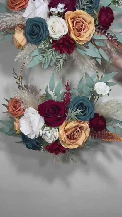 Floral Hoop Burgundy Wedding Bridal Hoop White Bridesmaids Ring Dark Teal Wreath Flower Girl Teal Orange Artificial Flower Terracotta Hoop