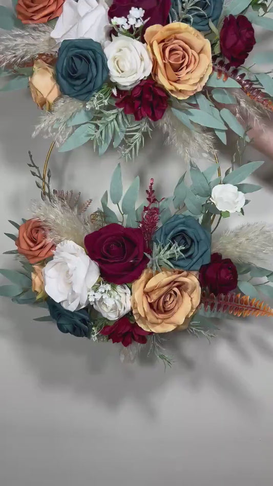 Floral Hoop Burgundy Wedding Bridal Hoop White Bridesmaids Ring Dark Teal Wreath Flower Girl Teal Orange Artificial Flower Terracotta Hoop