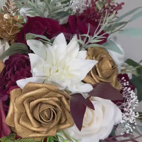 White Burgundy Bouquet Bridal Gold White Bouquet Christmas Bridesmaids Bouquet Winter White Gold Burgundy Eucalyptus Fern Artificial Flower