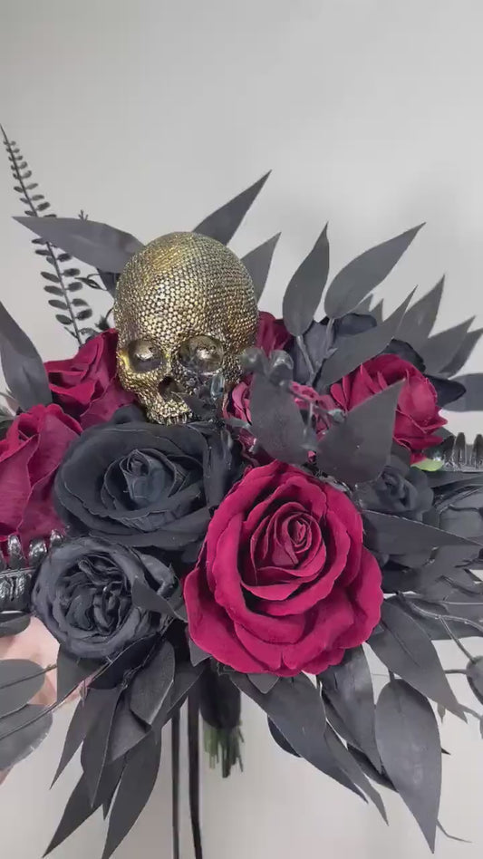 Wedding Bouquet Black Burgundy Skull Bridal Gothic Halloween Bouquet Bridesmaids Black Skull Spooky Maroon Bouquet Artiricial Flowers