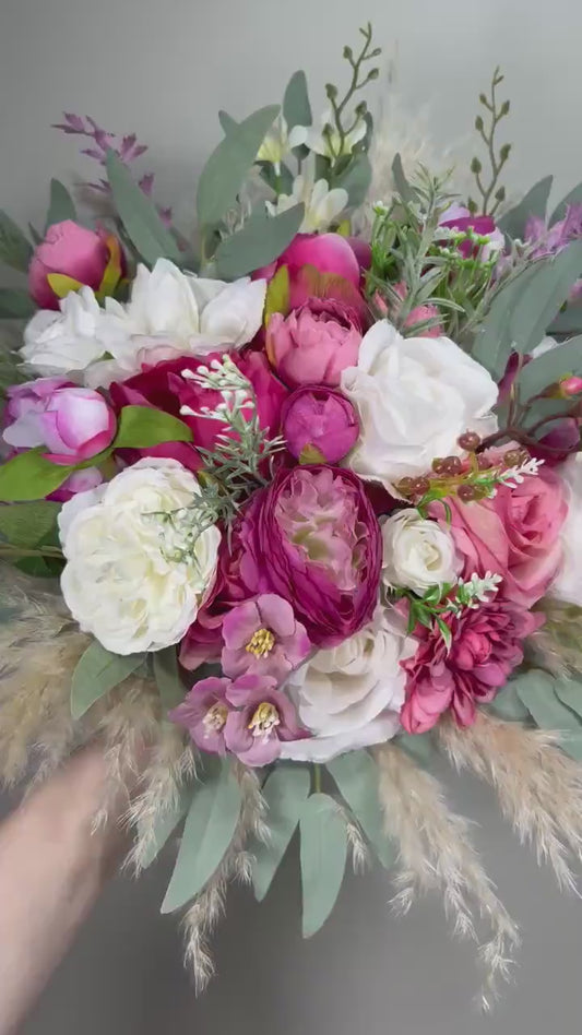 Pink Bouquet Wedding Bridal Fuchsia Bouquet White Viva Magenta Boho Bouquet Hot Pink Ivory Pampas Grass Bouquet Bridesmaids WildFlowers