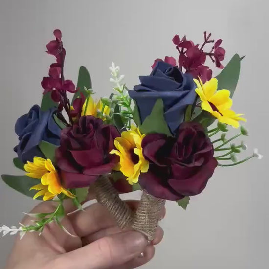 Sunflower Boutonniere Navy Blue Burgundy Wedding Sunflowers Boutonnières Groom Maroon Dark Blue Groomsmen Boutonniere Sunflower Yellow