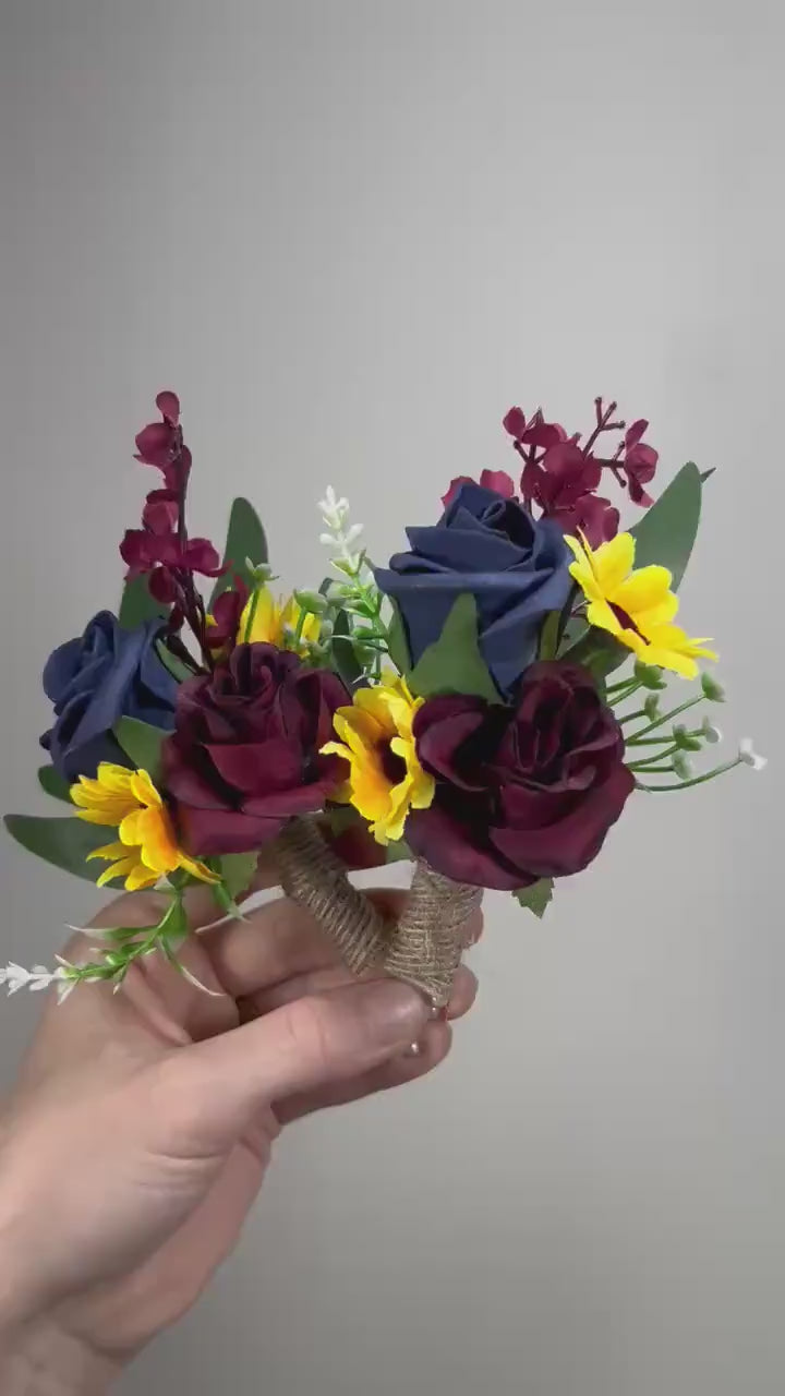 Sunflower Boutonniere Navy Blue Burgundy Wedding Sunflowers Boutonnières Groom Maroon Dark Blue Groomsmen Boutonniere Sunflower Yellow