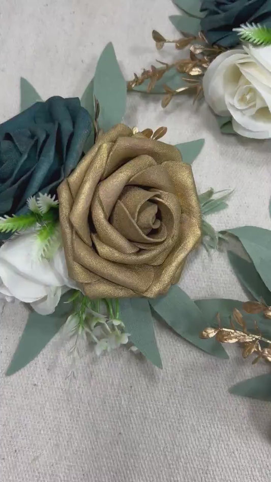 Teal Cake Decoration Gold Cake Topper Dark Teal Decor Cake Arrangements Teal White Wedding Cake Decoration Gold Flower Topper