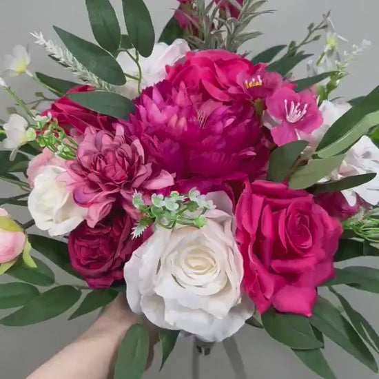 Wedding Fuchsia Bouquet Bridal Magenta Bridesmaids Bouquet Hot Pink Peony Deep Pink Neon Pink Bouquet White Artificial Flower Wild