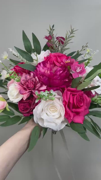 Wedding Fuchsia Bouquet Bridal Magenta Bridesmaids Bouquet Hot Pink Peony Deep Pink Neon Pink Bouquet White Artificial Flower Wild