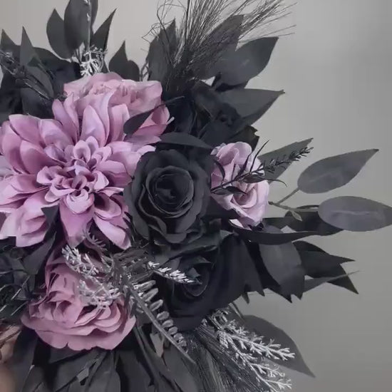 Black Purple Bouquet Wedding Gothic Bridal Bouquet Moody Black Lilac Lavender Bridesmaids Bouquet Silver Artificial Flowers