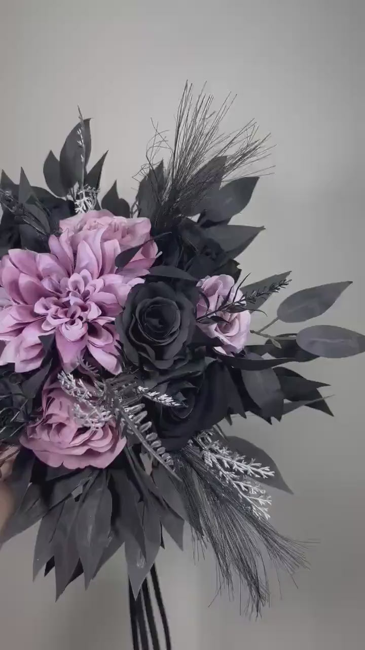 Black Purple Bouquet Wedding Gothic Bridal Bouquet Moody Black Lilac Lavender Bridesmaids Bouquet Silver Artificial Flowers
