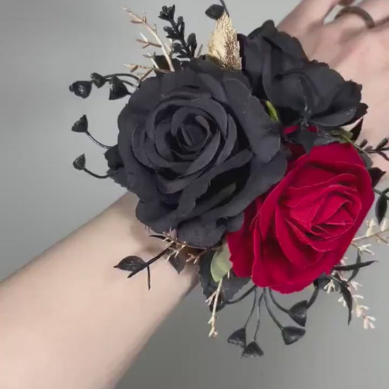 Black Corsage Red Wedding Gothic Wrist Corsage Bridesmaids Corsage Mom Black Corsage Red Gold Accessories Artiticial Flower